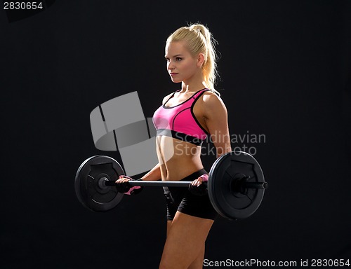 Image of sporty woman exercising with barbell