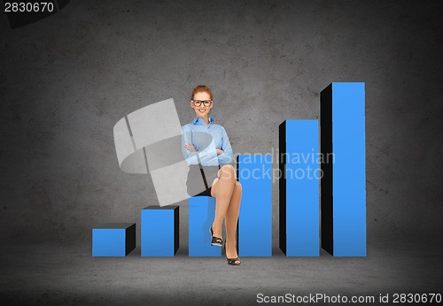 Image of smiling businesswoman in glasses sitting on chart