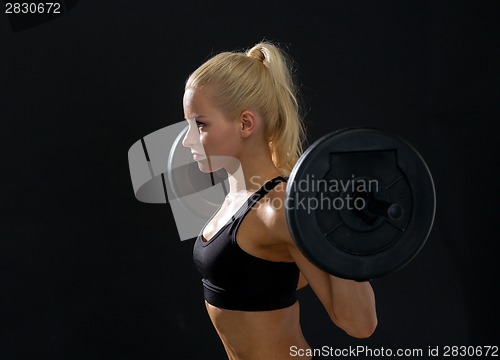 Image of sporty woman exercising with barbell