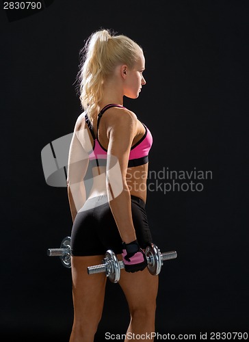 Image of sporty woman with heavy steel dumbbells