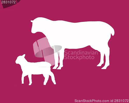 Image of The black silhouettes of a sheep and a lamb on mauve