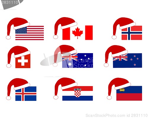 Image of Flag of nine countries with Santa Claus cap