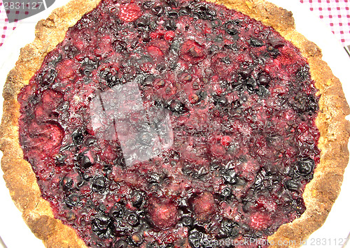 Image of Delicious berry cake on a tray and checkered table cloth