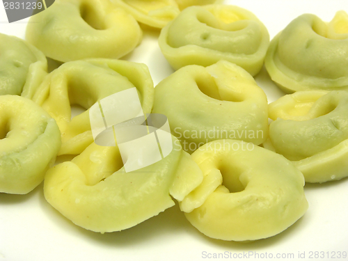 Image of Stuffed noodles in a close-up view on white background