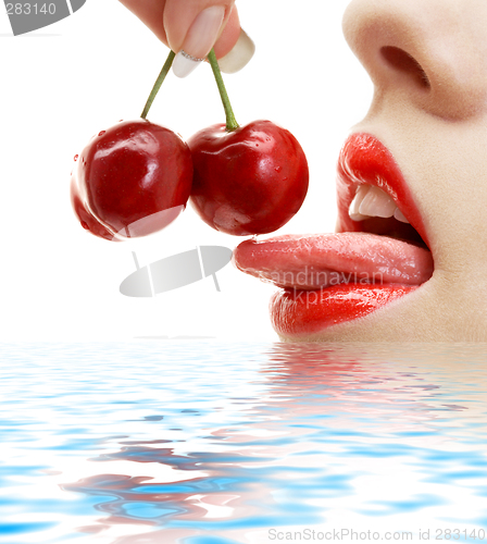 Image of cherry, lips and tongue in water