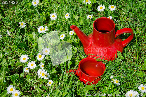 Image of red clay vintage cup jug in daisy meadow 