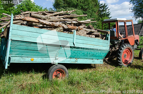 Image of Tractor trailer loaded with tree firewood logs 