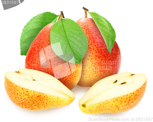 Image of Fresh yellow-orange pears with green leaf