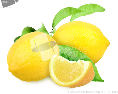 Image of Fresh yellow lemons with green leaf