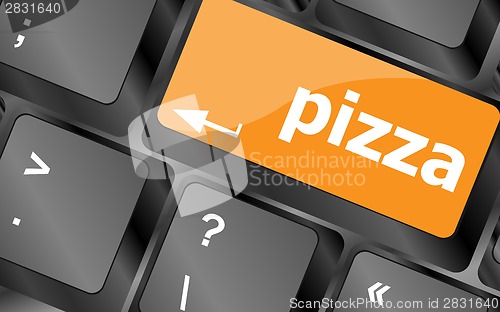Image of Computer keyboard with blue pizza word on enter key,