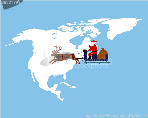 Image of Santa Claus riding on his reindeer sleigh high above northamerica