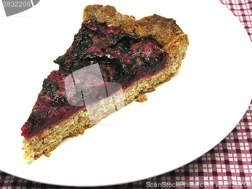 Image of One piece of berry cake on a white plate