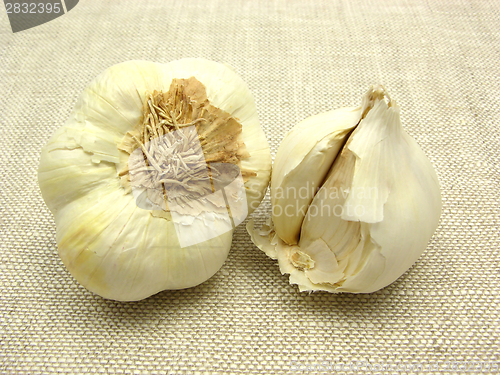Image of Two garlic cloves arranged on a beige background