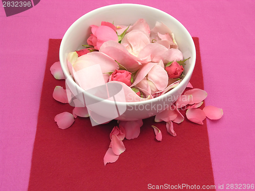 Image of Pink roses in a white bowl of chinaware on red background