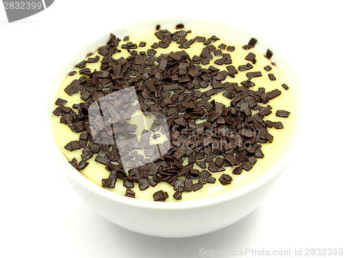 Image of Custard with grated chocolate in a bowl of china ware