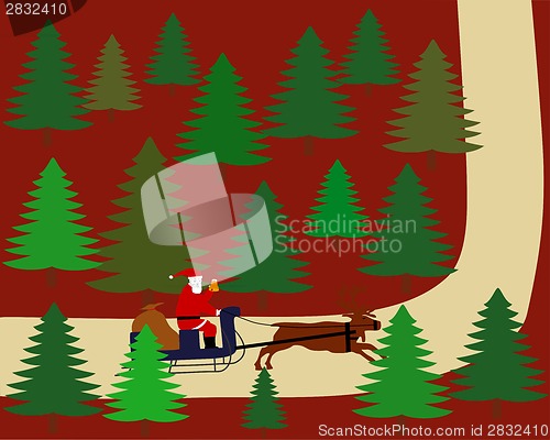 Image of Santa Claus is riding on his reindeer sleigh through the forest