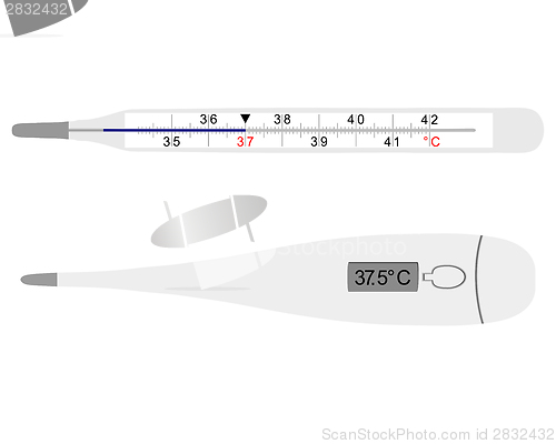 Image of analog and digital clinical thermometers on white background