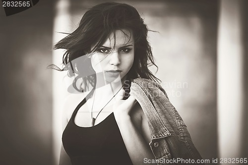 Image of Girl with a denim jacket. Bw