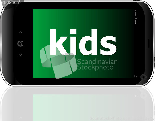 Image of smart phone with kids word, social concept