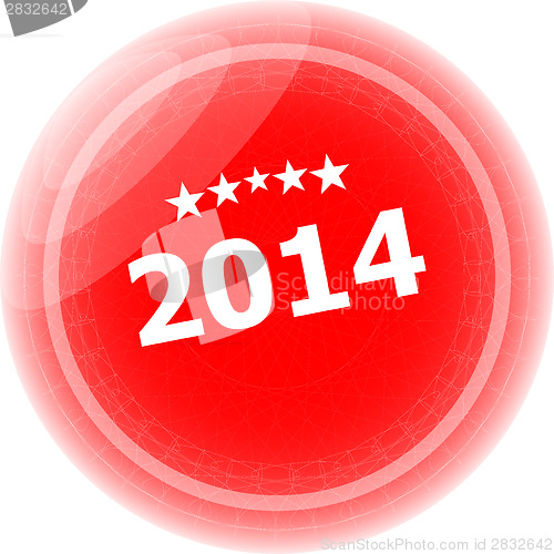 Image of 2014 on red stickers button, business label