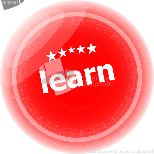 Image of learn word on red stickers button, label