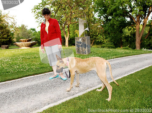 Image of Woman walking her dog.