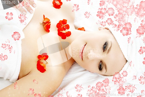 Image of red flower petals spa with flowers
