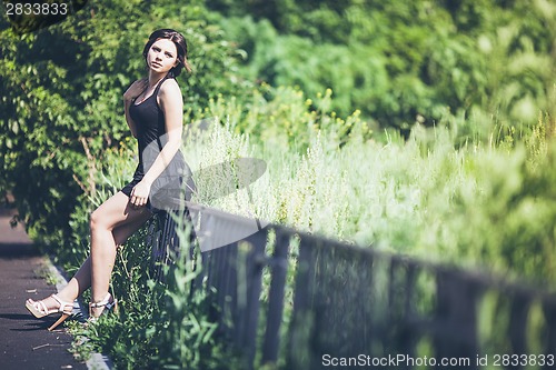 Image of Girl in black dress on fence