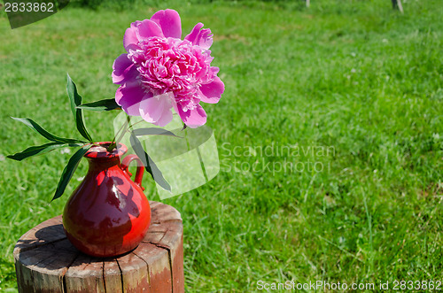 Image of peony in clay handmade pitcher on stump outdoor 