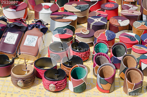 Image of natural leather color pencil and boxes fair stall 