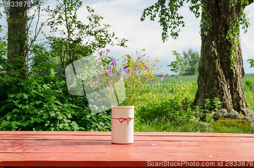 Image of vase with wild flowers standing outside red table 