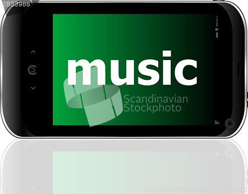 Image of music word on smart mobile phone, holiday concept