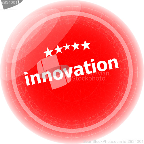 Image of innovation word on red stickers button, label