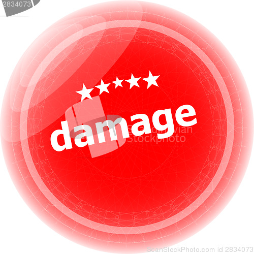 Image of damage word on red web button, label, icon