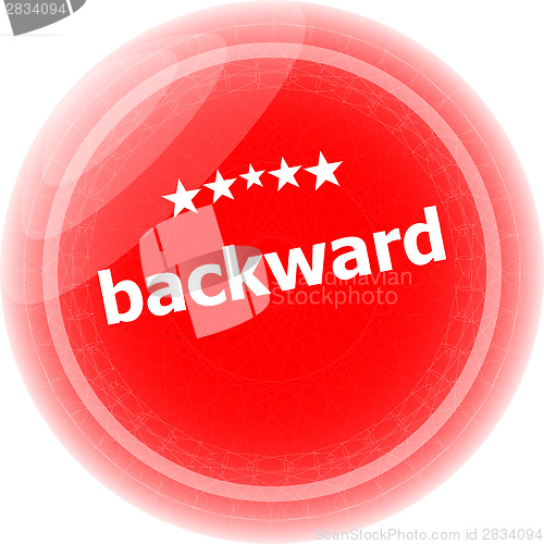 Image of backward word on red stickers button, label