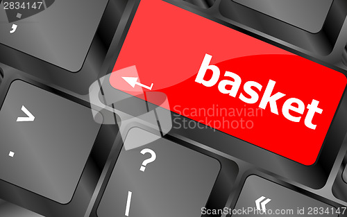 Image of basket word on keyboard key, notebook computer