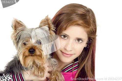 Image of smiling young girl with her pet yorkshire