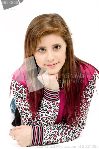 Image of lying fashion portrait of young beautiful girl