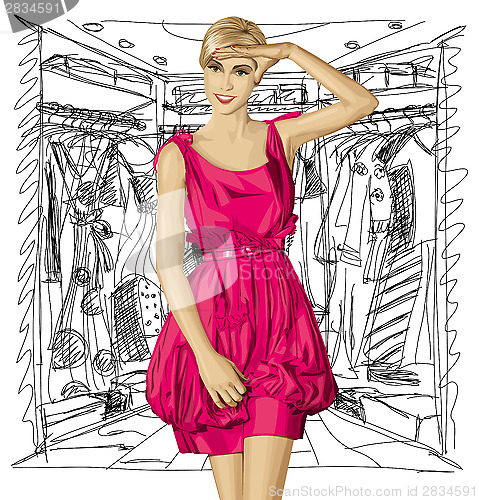 Image of Vector Surprised Blonde in Pink Dress