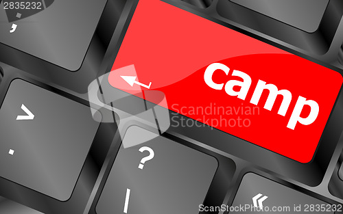 Image of camp word on keyboard key, notebook computer button