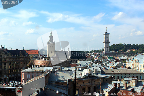 Image of tower of city hall in the center of Lvov