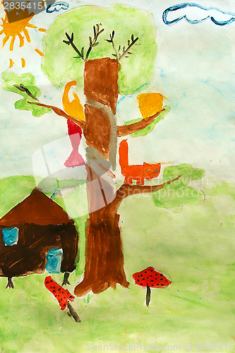 Image of Children's drawing of learned cat on the tree