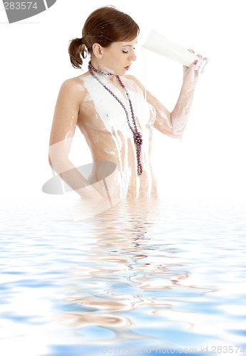 Image of topless girl with glass of yogurt in water