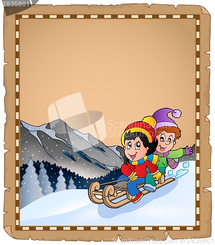 Image of Parchment with children on sledge