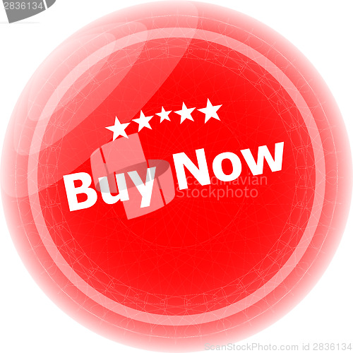 Image of buy now word on red stickers button, business label