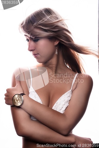 Image of Portrait of beautiful sexy blonde girl in lingerie