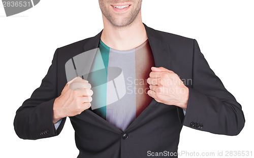 Image of Businessman opening suit to reveal shirt with flag