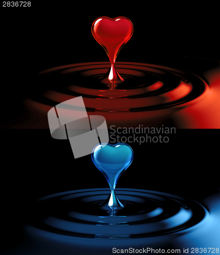 Image of falling heart shaped water drop into the water