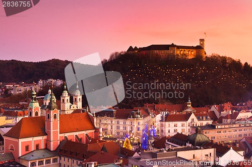 Image of Panorama of Ljubljana at dusk.