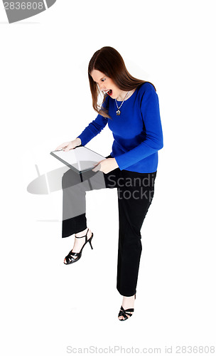 Image of Woman breaking her clip board.